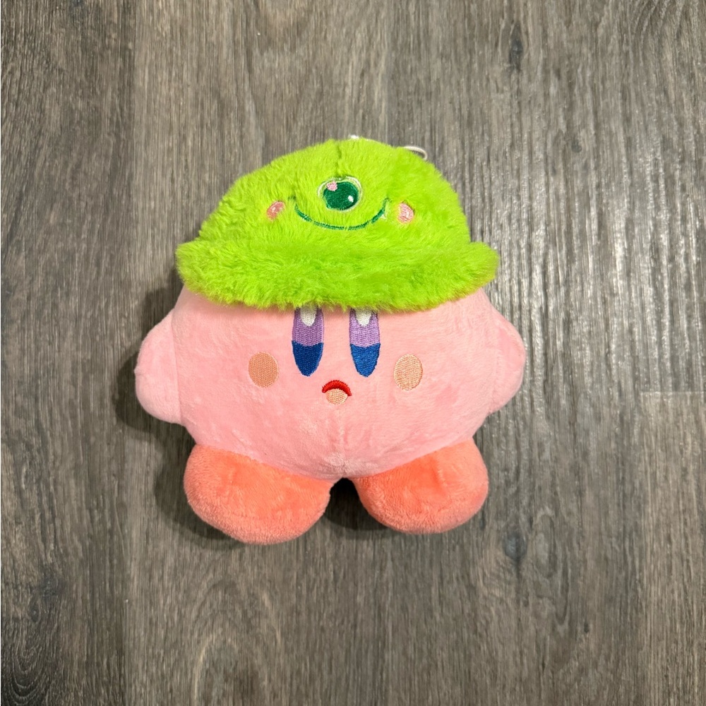 Plush Pink Kirby Toy with Green Monster Hat